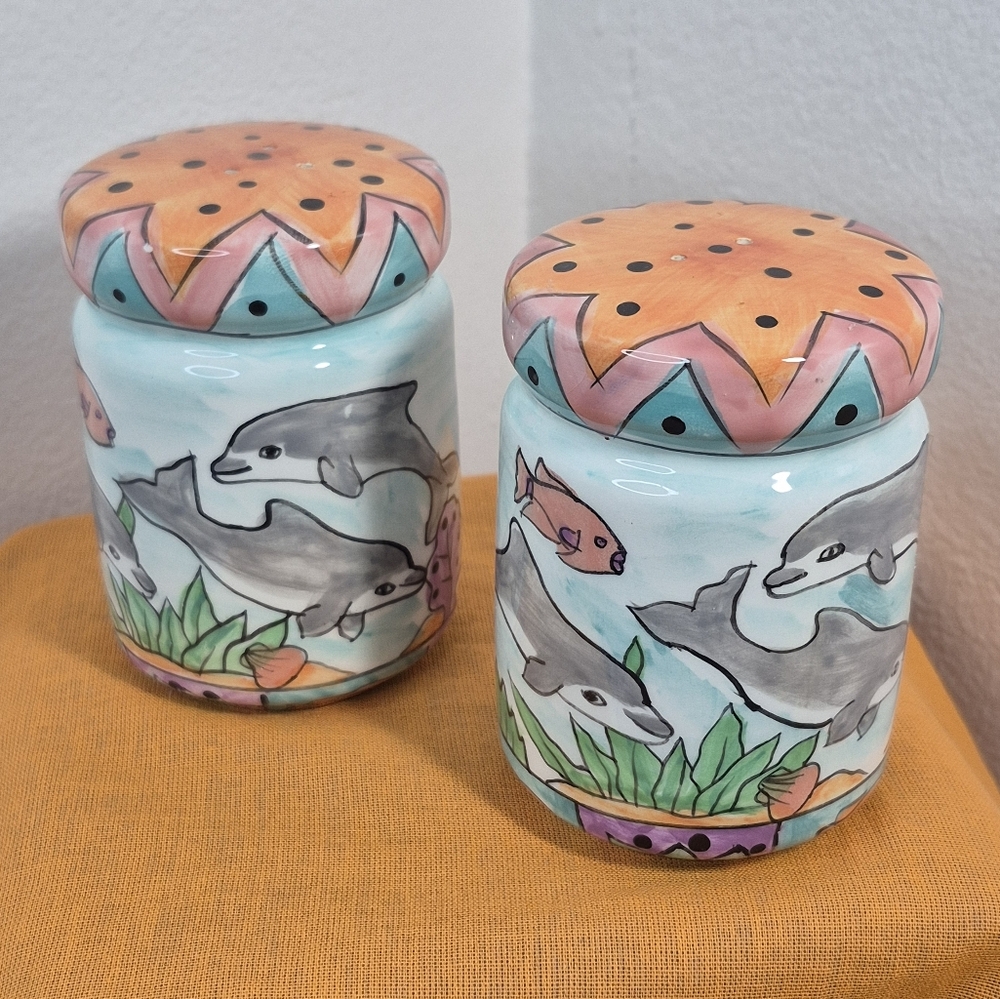 Hand Painted Tropical Fish and Dolphins Salt and Pepper Shaker Set - A Gift Corp